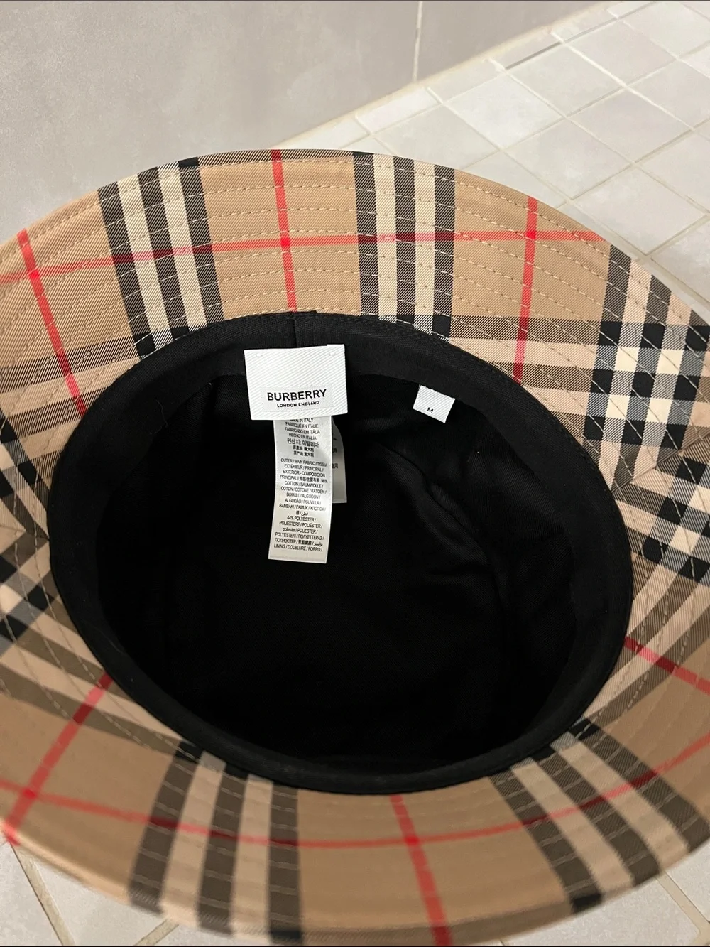Burberry Beige Plaid Bucket Hat with Black & Red Stripes